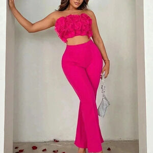 Pink Casual Womens Pleated Ruffle Strapless Red Pink Bandeau Top And Flare Pants